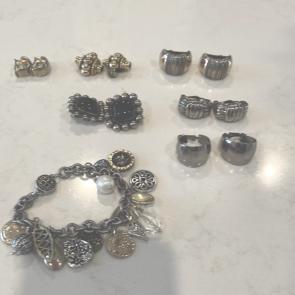 Silver and gold tone costume jewelry. Clip on earrings and one bracelet